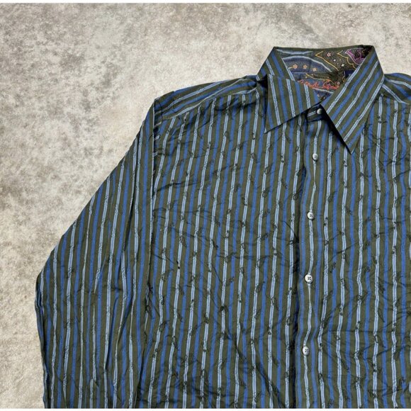 Robert Graham Mens XL Green Blue Button Up Striped Textured Paisley Flip Cuff - Picture 5 of 8